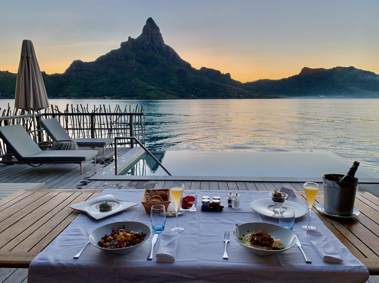 Sunset dinner terrace Mount Otamanu The Brando Suite at the InterContinental Bora Bora Thalasso Review