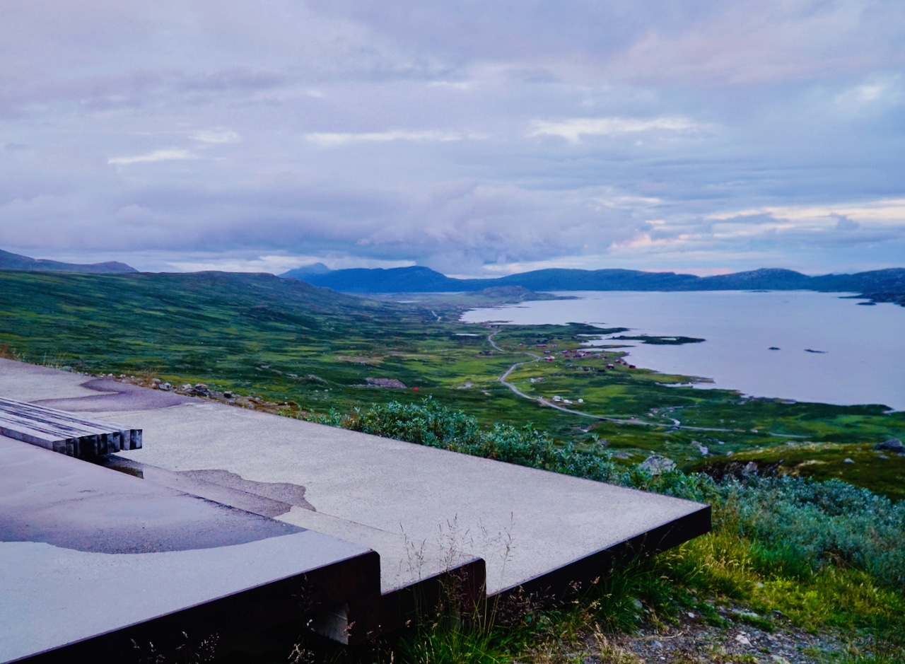 RJUPA (Norwegian Scenic Route Valdresflye): Vinstervatn Lake and Jotunheimsvegen Road seen from the viewpoint Rjupa.